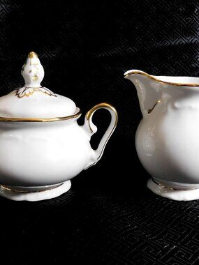 White Porcelain Sugar Bowl and Creamer with Gold Trim # 24820